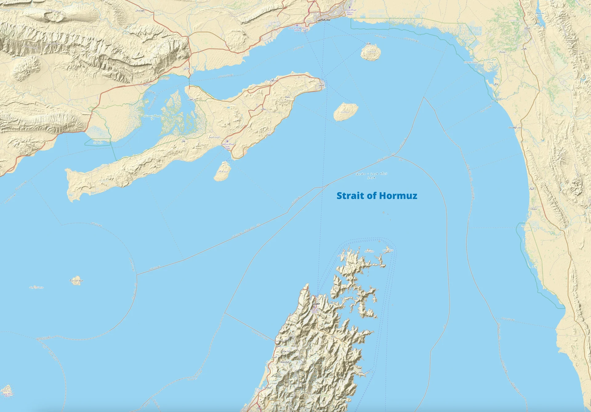 نقشهی تنگهی هرمز بر پایهی دادههای OpenStreetMap